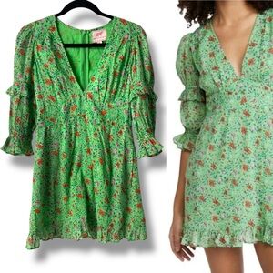 BANJANAN Green Floral Mini Dress Cotton Bishop Sleeves Boho Bohemian Fairy Small